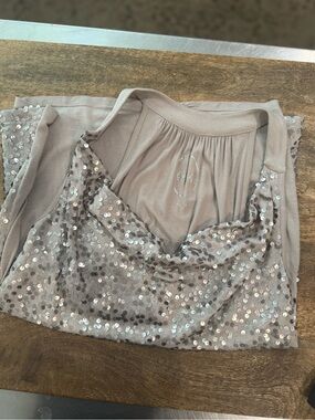 INC International Concepts Taupe Sequin Cowl Neck Tank